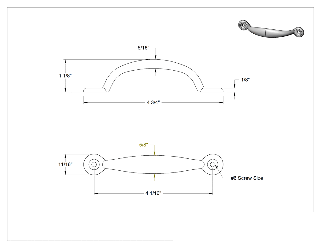 Teknik Çizim - Dişsiz Delikli Oval Çekme Kolu, Çinko Kaplı Çelik, 4-1/16" Merkezden Merkeze Genişlik