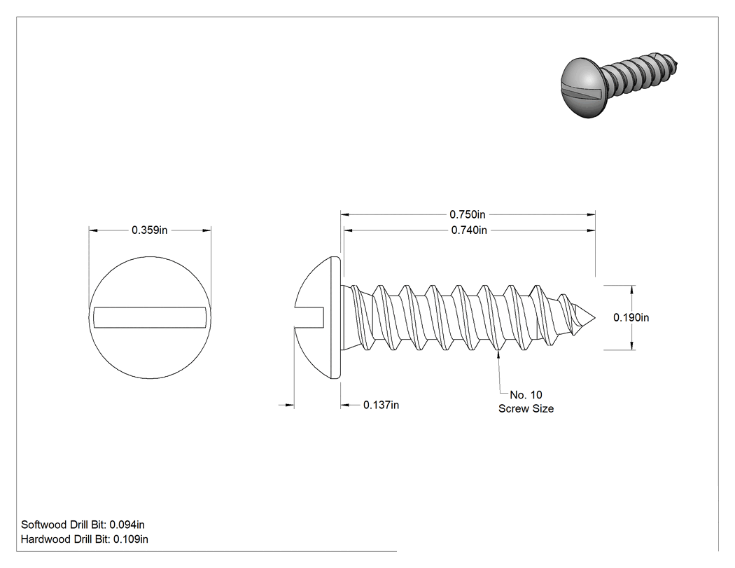 Teknik Çizim - Yivli Dekoratif Yuvarlak Başlı Vidalar, Ahşap için, 18-8 Paslanmaz Çelik, 10 Numaralı Boyut, 3/4" Uzunluk