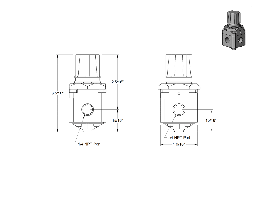 Teknik Çizim - Temiz Oda Basınç Düzenleme Valfi, Basınç Dengeleyicili, 1.2 inç Çaplı Panel Kesiti, 1/4 NPT