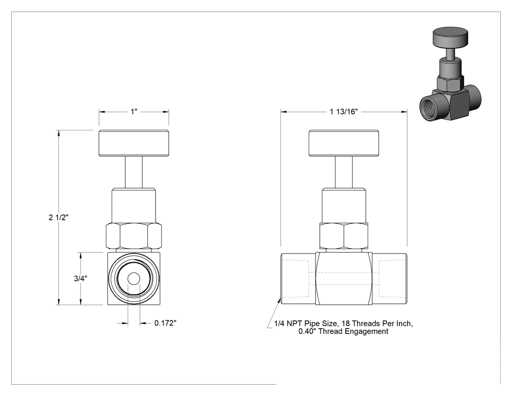 Teknik Çizim - Yüksek Basınçlı Hassas Akış Ayar Vanası, Metal-Metal Koltuk, Pirinç Gövde, 1/4 NPT Dişi x Dişi