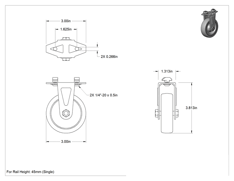 Teknik Çizim - T-Yivli Çerçeve Tekerleği, Sabit, 45 mm Yüksekliğinde Tek Ray için, 3" Poliüretan Tekerlek