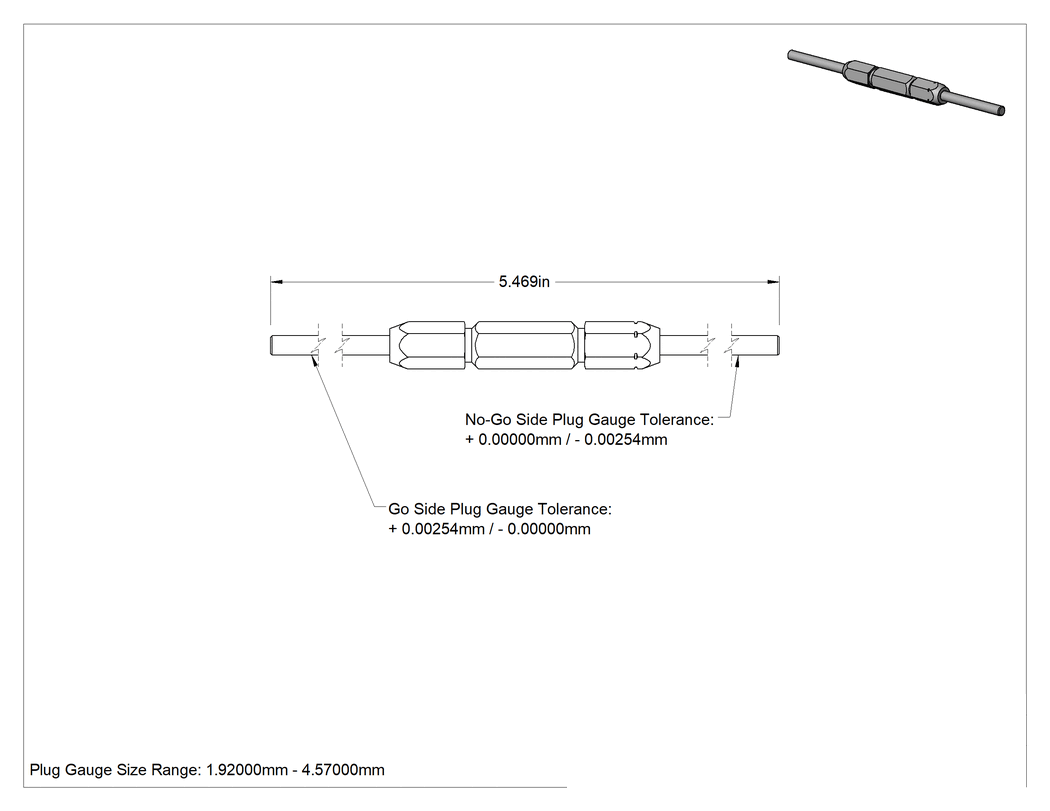 Teknik Çizim - Sınıf Z Saplı Tıkaç Ölçer, Sınıf Z, 1.9200 mm ila 4.5700 mm Boyut