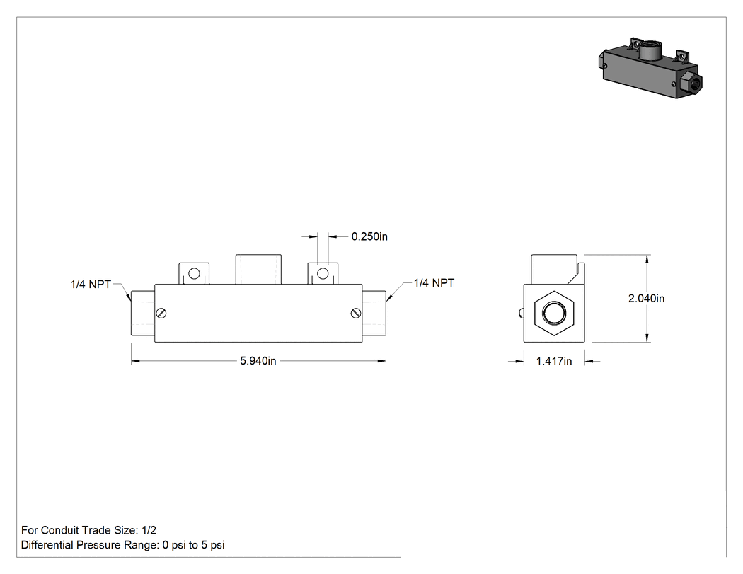 Teknik Çizim - Sıvılar için Diferansiyel Basınç Transmitteri, Paslanmaz Çelik Muhafaza, 4-20 mA Çıkış, 0 ila 5 PSI