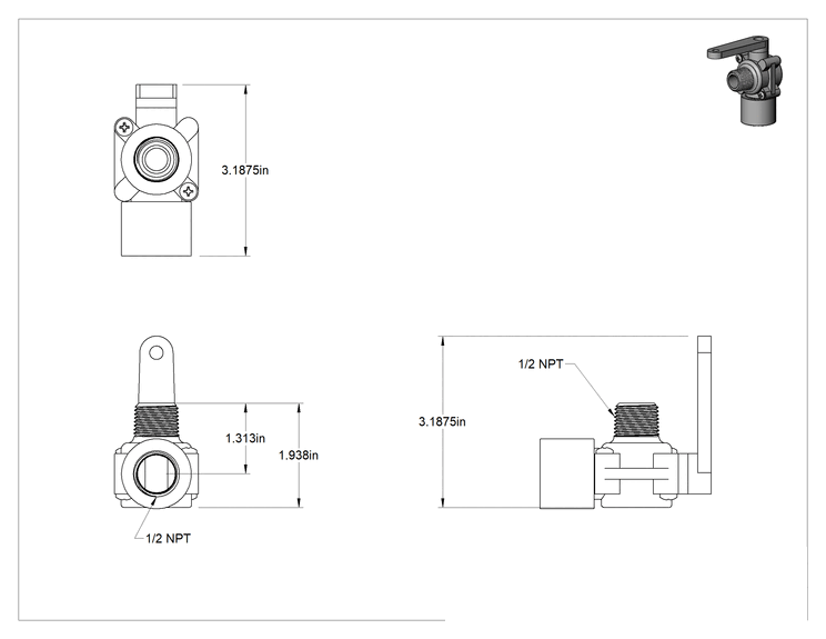 Teknik Çizim - Gri PVC Açma/Kapama Vanası, Kol Saplı Dirsek, 1/2 NPT Dişi x 1/2 NPT Erkek
