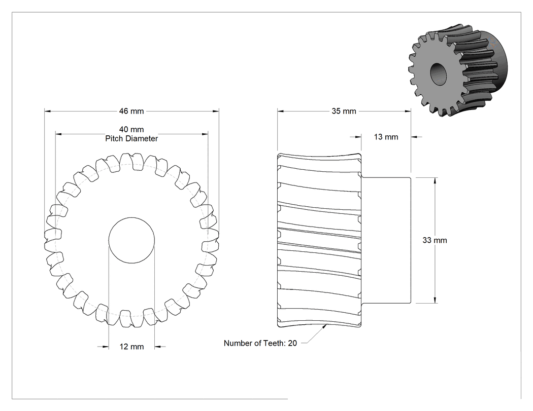 Teknik Çizim - Metal Sonsuz Dişli, Dökme Demir, 2 Modül, 10:1 Hız Oranı, Sağ Yönlü