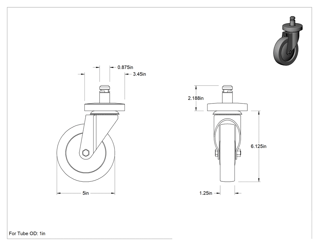 Teknik Çizim - 5 inç Çap x 1-1/4 inç Genişlikte Kauçuk Tekerlekli Döner Tekerlek
