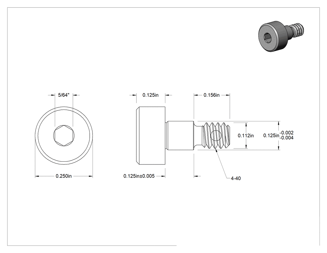 Teknik Çizim - 18-8 Paslanmaz Çelik Diş Kilitlemeli Omuzlu Vida, 1/8" Omuz Çapı, 1/8" Omuz Uzunluğu, 4-40 Diş