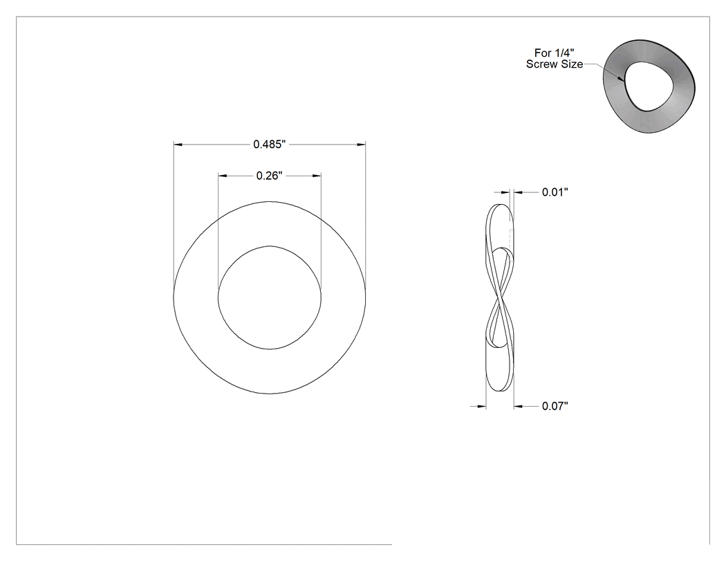 Teknik Çizim - 18-8 Paslanmaz Çelik Tek Dalgalı Pullar, Yay Kilidi, Siyah Oksit, 1/4" Vida Boyutu için, 0.260" İç Çap