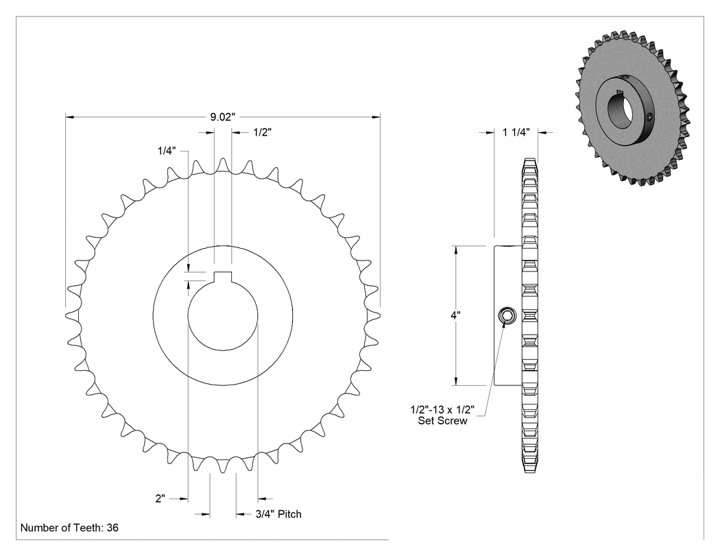 Teknik Çizim - Çelik Tek Sıralı Dişli, ANSI 60 Makaralı Zincir ve 2" Mil Çapı için, 36 Diş