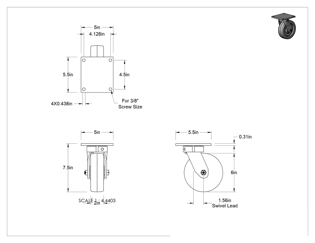 Teknik Çizim - 5-1/2" x 5" Plakalı Yüksek Kapasiteli Vulcan Tekerlek, 6 inç Çapında Fenolik Tekerlekli Döner Tekerlek