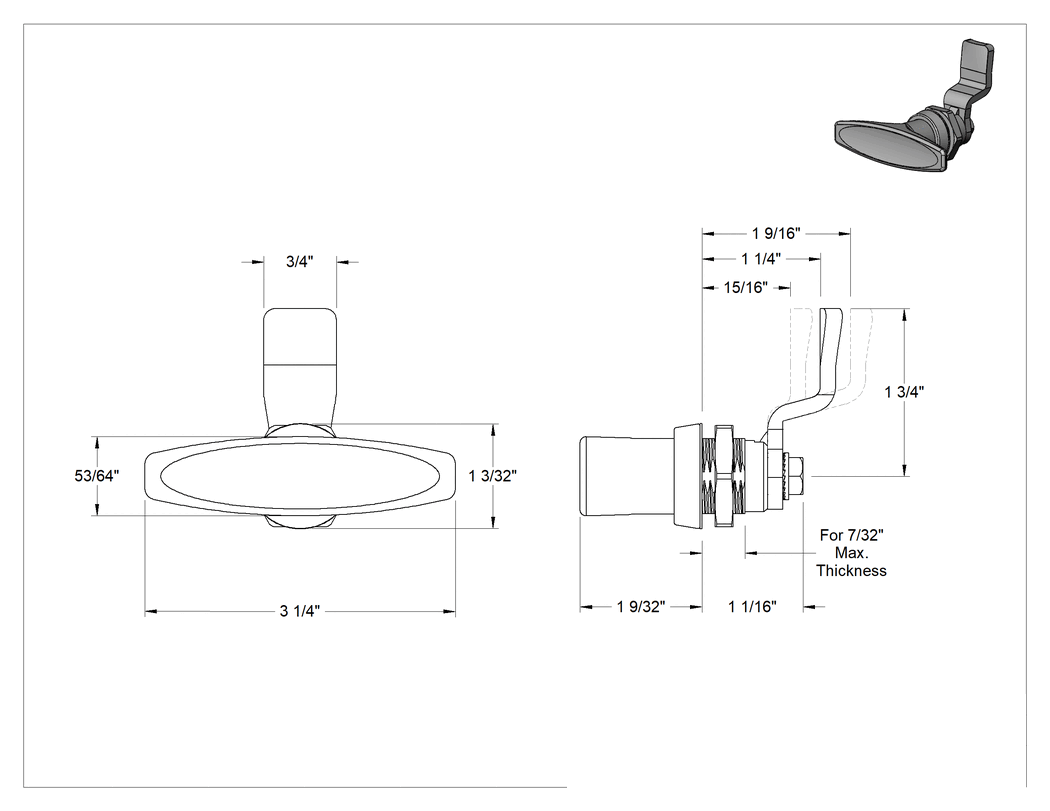 Teknik Çizim - T-Kollu Çok Noktalı Mandal, Krom Kaplama, 15/16", 1-1/4" ve 1-9/16" Kilitleme Mesafesi