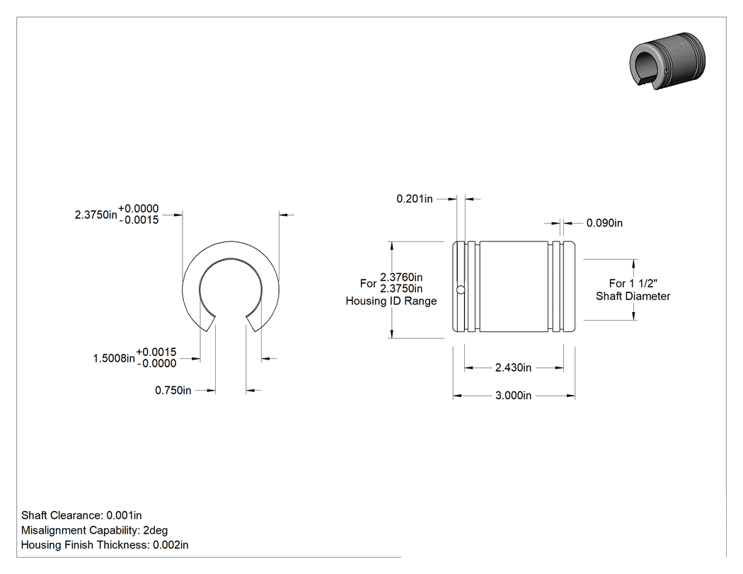 Teknik Çizim - Kendinden Hizalamalı Manşonlu Lineer Rulman, 1-1/2" Çaplı Destek Rayı Milleri için