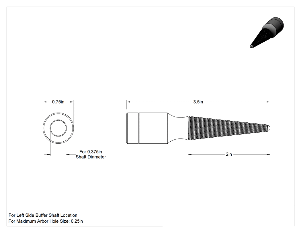 Teknik Çizim - Konik Polisaj Diski Mili, 3/8" Çaplı Sol Taraf Mil ve 1/4" Maksimum Mil Deliği için