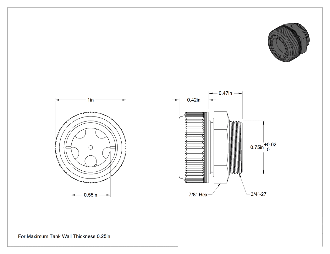 Teknik Çizim - Duvar Delikli Alüminyum Görüş, Koyu Sıvı için 3/4" Çaplı Delik