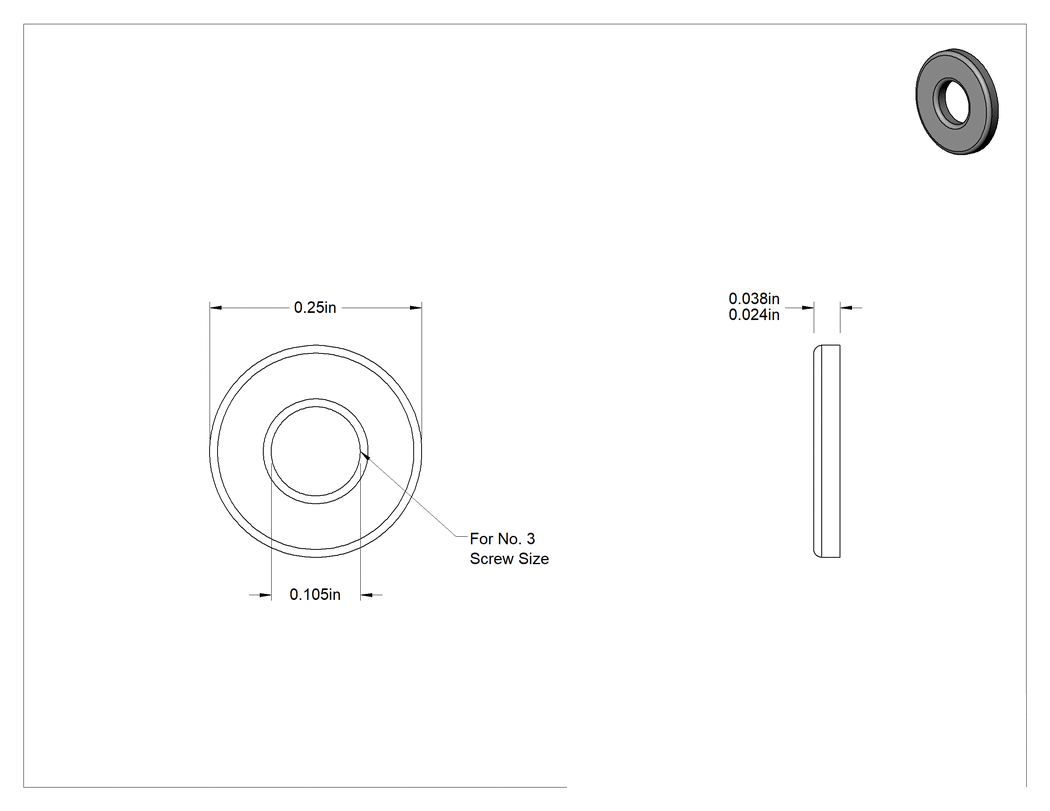 Teknik Çizim - Fiberglas Pul, 3 Numaralı Vida Boyutu için, 0.105" İç Çap, 0.250" Dış Çap