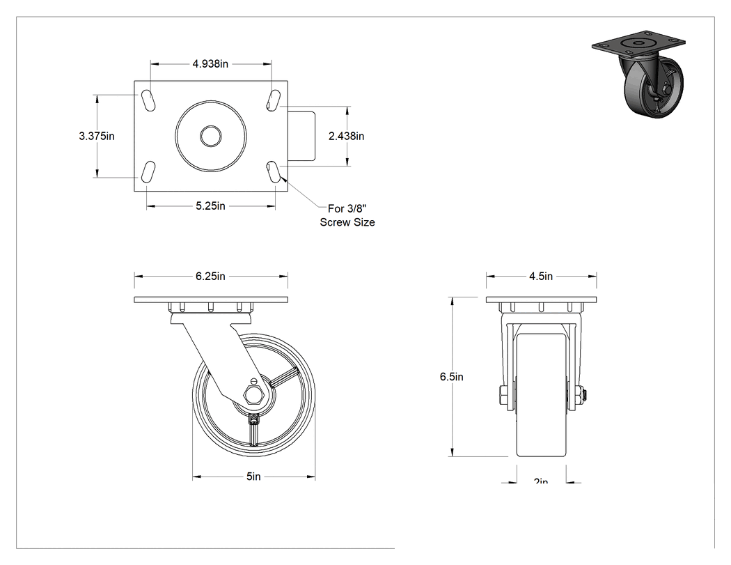 Teknik Çizim - 6-1/4" x 4-1/2" Plakalı Yüksek Kapasiteli Mauler Tekerlek, 5" Çapında Poliüretan Tekerlekli Döner