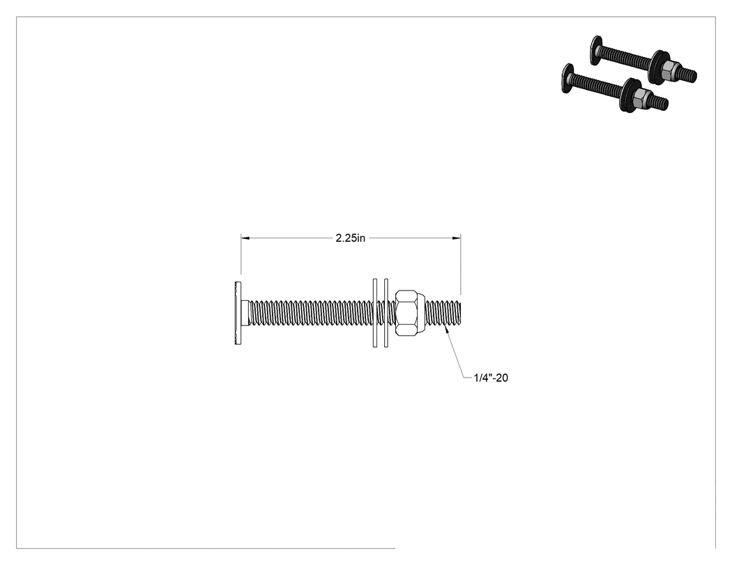 Teknik Çizim - Klozet Tabanına Montaj Donanımı, Pirinç, 1/4"-20 Diş Boyutu, 2-1/4" Uzunluk