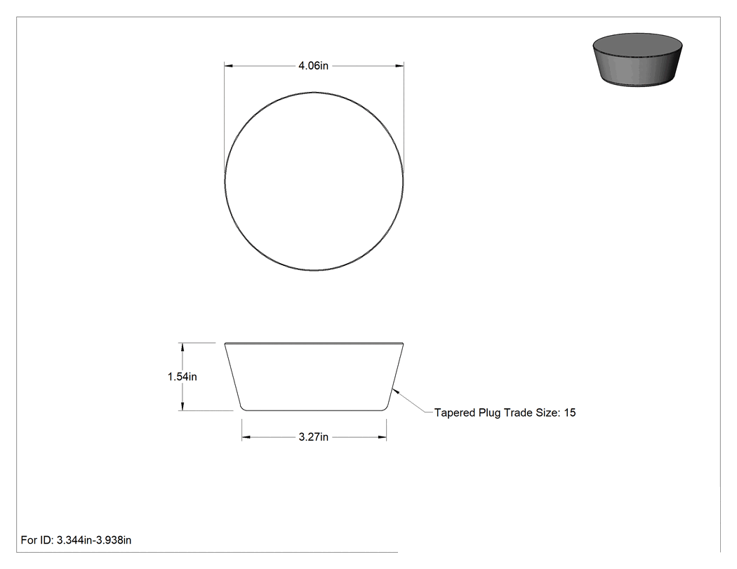 Teknik Çizim - SBR Kauçuk Konik Tapa, Anma Ölçüsü 15, 3-11/32" ila 3-15/16" İç Çap için, Delik Olmadan