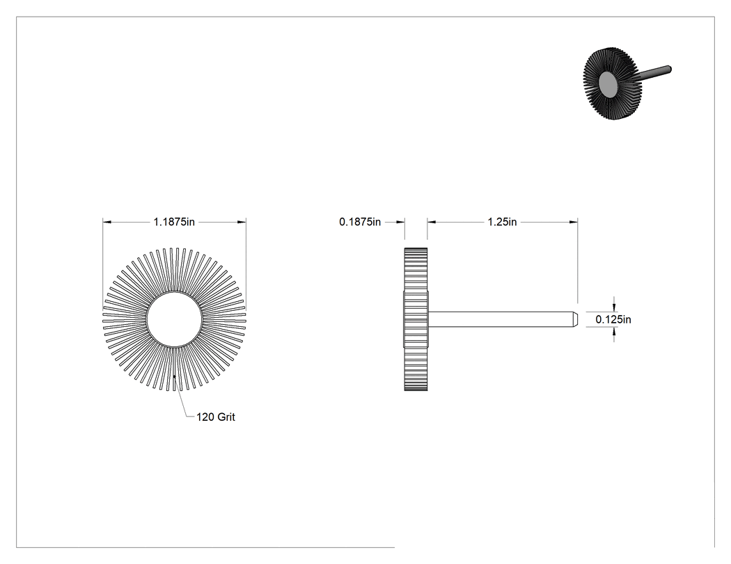 Teknik Çizim - Lamelli Zımpara Çarkı, Sap, Pürüzsüz Yüzey için, 120 Kum, 1-3/16" Çap, 3/16" Genişlik