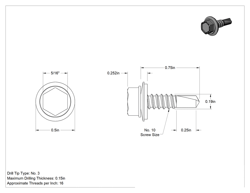 Teknik Çizim - Metal için Pullu Delme Vidaları, Çinko Kaplı Çelik, 10 Numaralı Boyut, 3/4" Uzunluk