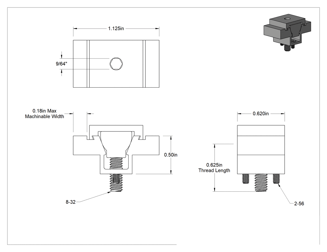 Teknik Çizim - İşlenebilir Çift Sıkıştırmalı Fikstür Kelepçesi, 5/8" Uzunluk x 1-1/8" Genişlik x 1/2" Yükseklik