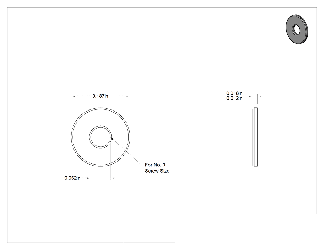Teknik Çizim - Fiberglas Pul, 0 Numaralı Vida Boyutu için, 0.062" İç Çap, 0.187" Dış Çap