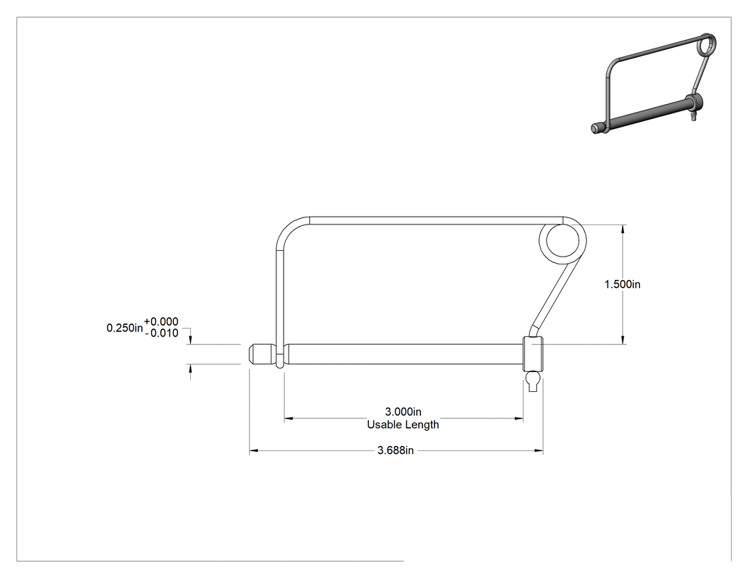 Teknik Çizim - Tel Tutuculu 18-8 Paslanmaz Çelik Çatal Pim, Kancalı Kare, 1/4" Çap, 3" Kullanılabilir Uzunluk