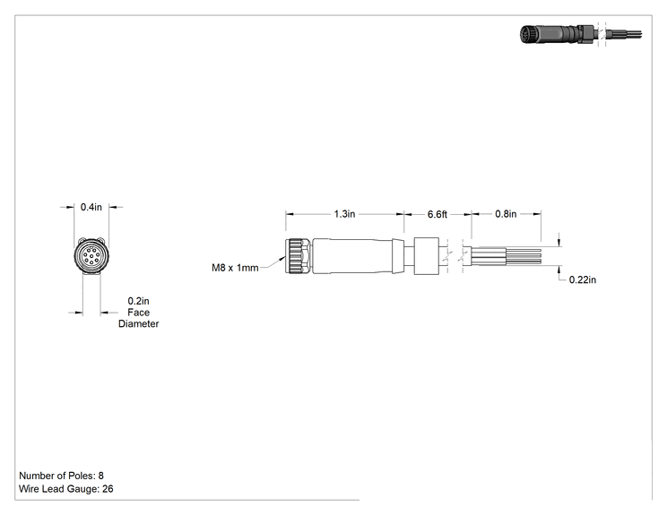 Teknik Çizim - Nano M8 Konektör, Düz Soket, 6-1/2 Fit Kablo, 8 Kutup
