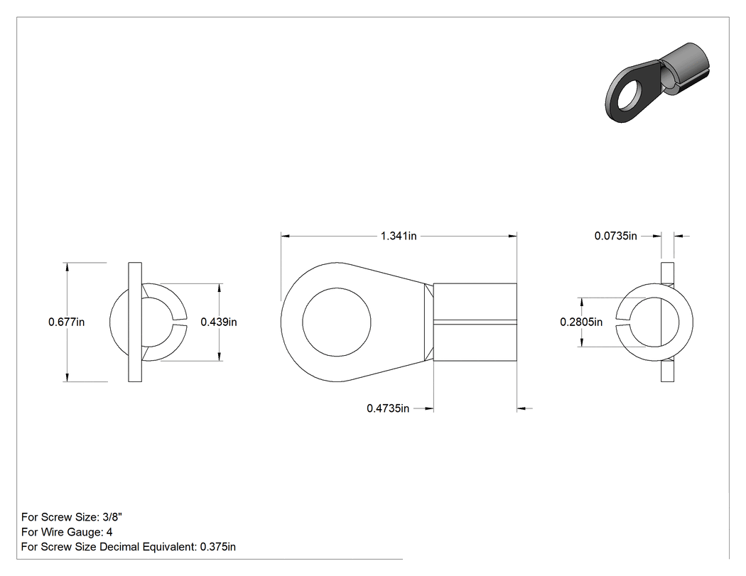 Teknik Çizim - Yalıtımsız Halka Terminaller, 4 AWG ve 3/8" Vida Boyutu için, Nikel Kaplı Çelik