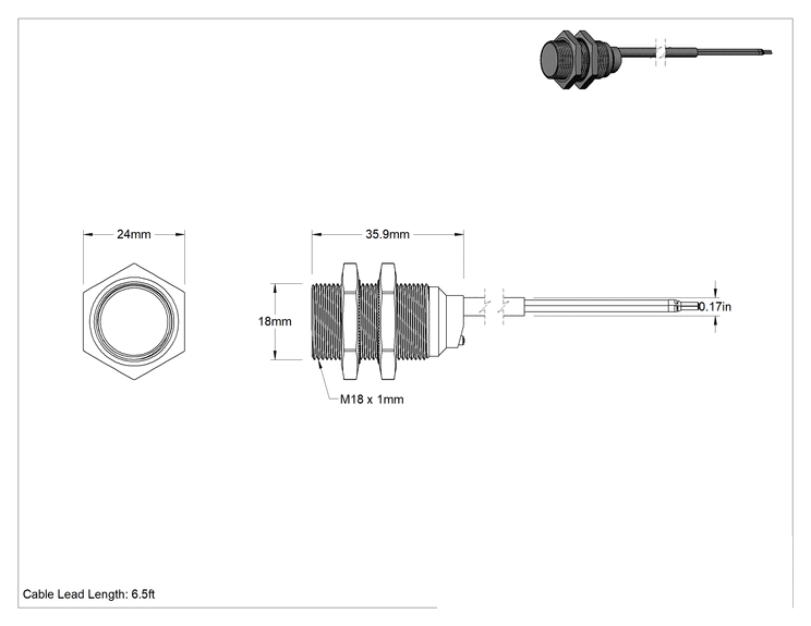 Teknik Çizim - DC Metal Nesne Yakınlık Anahtarı, Pirinç, Kablo Uçlu Gömme, 18 mm Çap, PNP, 1 Kapalı
