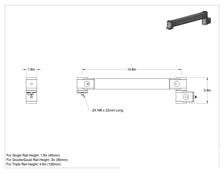 Teknik Çizim - T-Yivli Çerçeveleme Konumlandırma Kolu, 1-1/2" ve 40 mm Yüksekliğinde Ray için, 3-7/8" Toplam Yükseklik