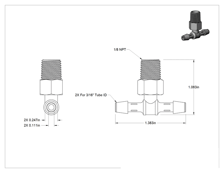 Teknik Çizim - Hava ve Su için Sıkı Sızdırmaz Tırnaklı Boru Bağlantı Parçası, Hat Üstü T Adaptörü, 3/16" Boru İç Çapı x 1/8 NPT Erkek için