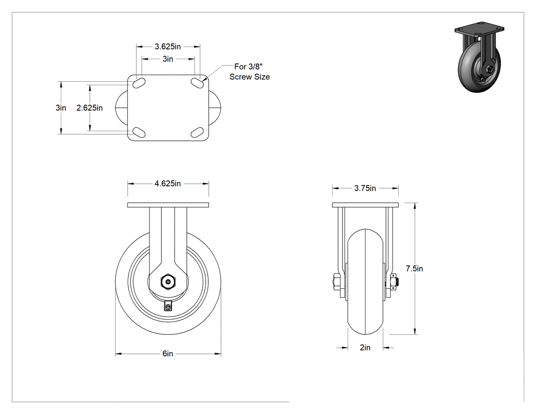 Teknik Çizim - Glide-Light Tekerlek, 6 inç Çaplı Bilyalı Rulmanlı Kauçuk Tekerlekli Sert