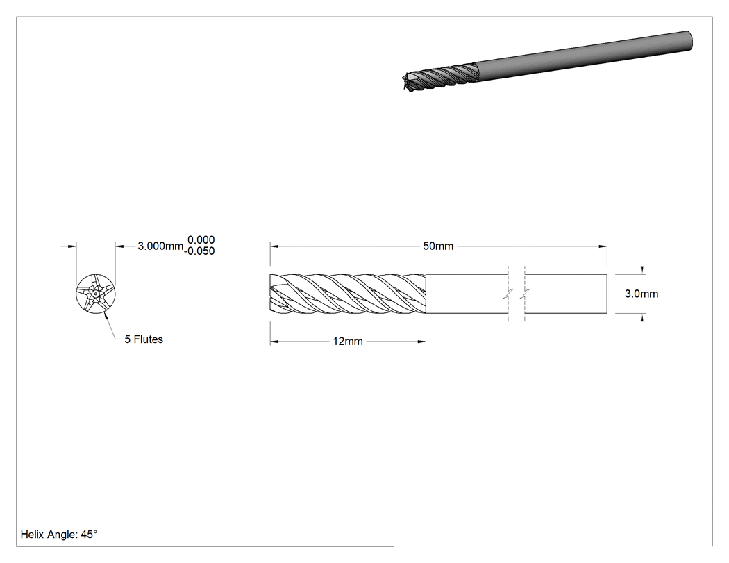 Teknik Çizim - Paslanmaz Çelik ve Titanyum için Karbür Kare Freze Ucu, AlTiN Kaplamalı, 3 mm Freze Çapı, 12 mm Kesme Uzunluğu