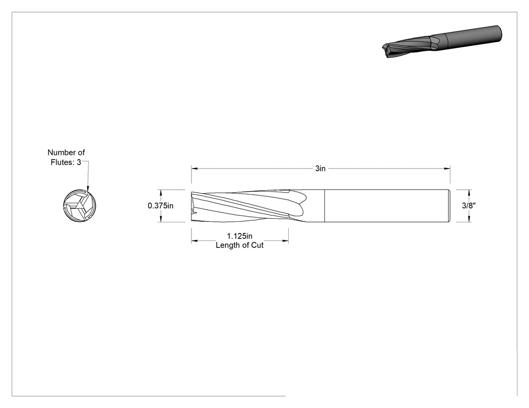 Teknik Çizim - Seramik Kaplı Karbür Spiral Freze Ucu, Plastik için, Yukarıdan Çıkarma, 3/8" Kesme Çapı, 1-1/8" Uzunlukta Kesim