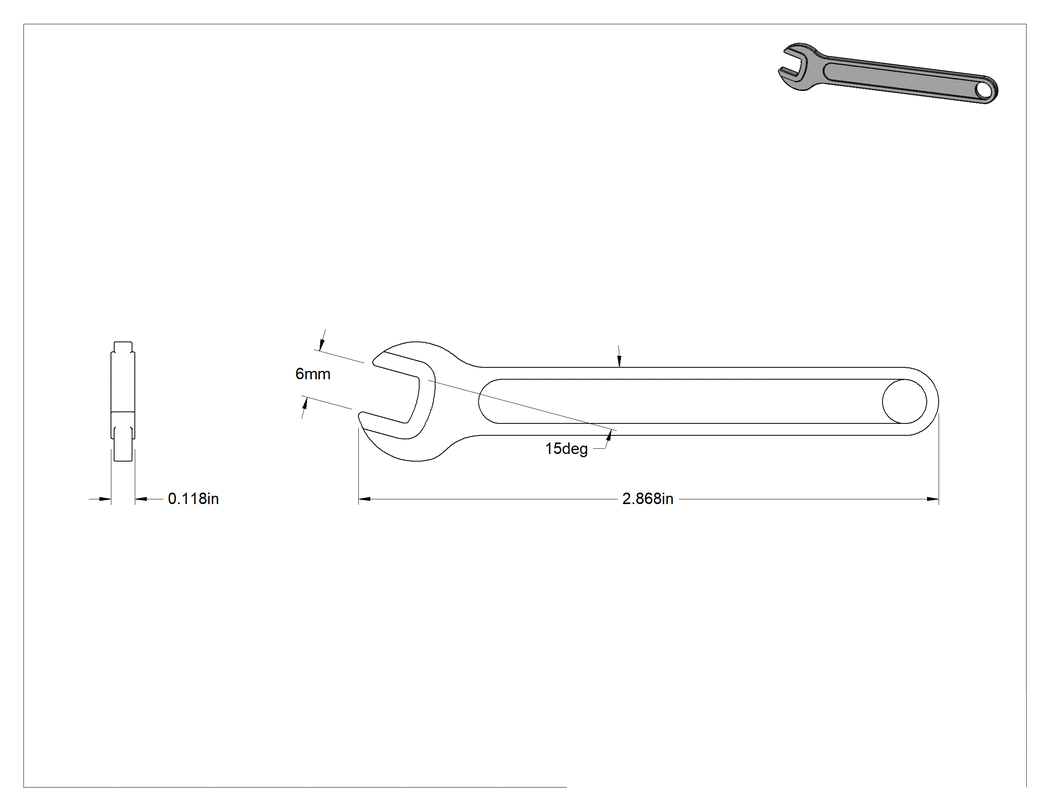 Teknik Çizim - Açık Uçlu Anahtar, 6 mm Boyut, 2-7/8" Toplam Uzunluk