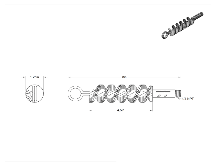 Teknik Çizim - 1/4 NPT Dişli Şaftlı Düşük Çizilme Tüp Fırçası, Tampico Kılları, 1-1/4" Fırça Çapı