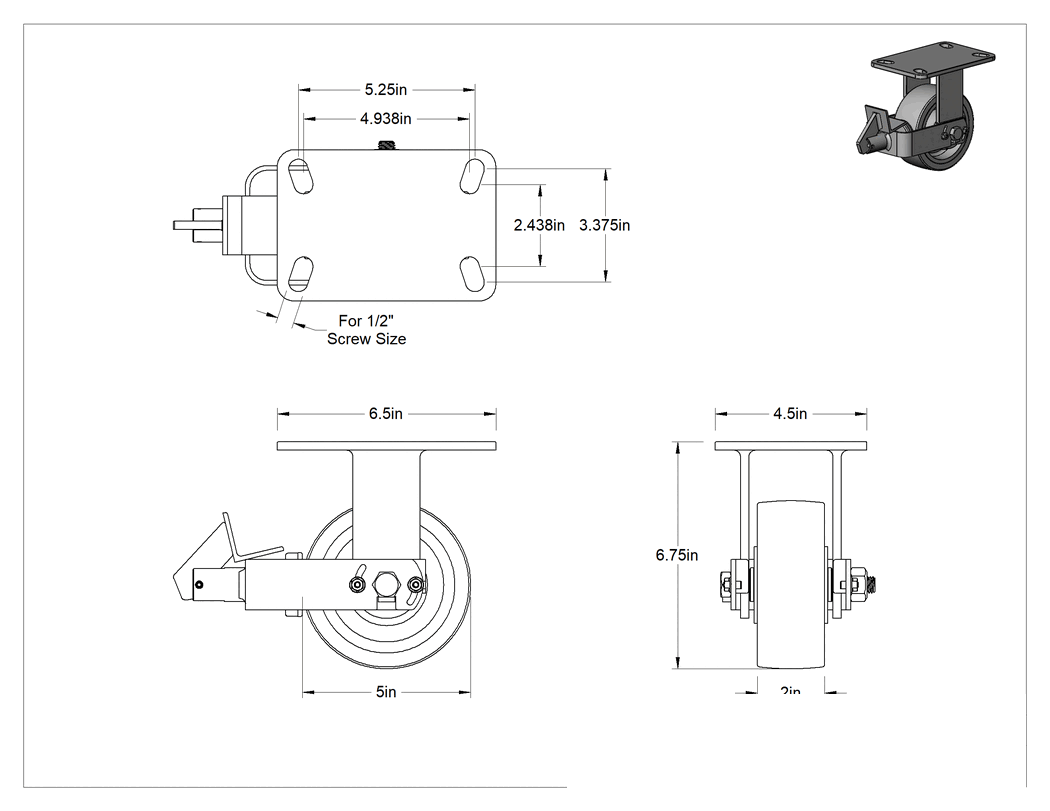 Teknik Çizim - 6-1/2" x 4-1/2" Plakalı Yüksek Kapasiteli Kingston Tekerlek, Frenli ve 5 inç Çaplı Mavi Poliüretan Tekerlekli Sabit