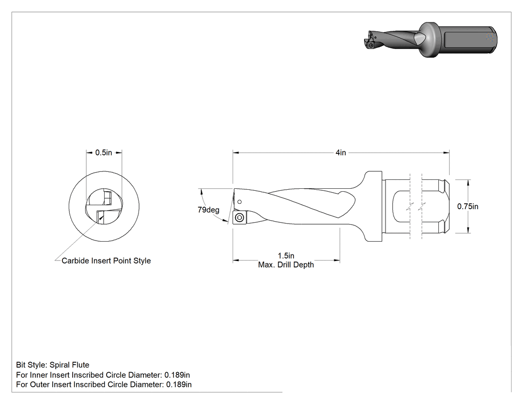 Teknik Çizim - Karbür Uçlu Matkap Ucu, 1/2" Boyut, 4" Toplam Uzunluk