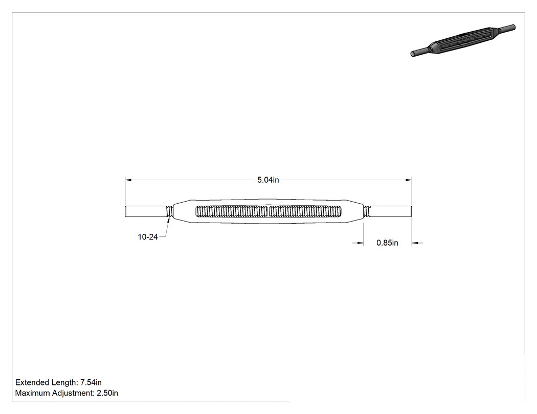 Teknik Çizim - 316 Paslanmaz Çelik Gerdirme - Kaldırma Amaçlı Değil, Dişsiz Stub-to-Stub, 300 lbs. Kapasite