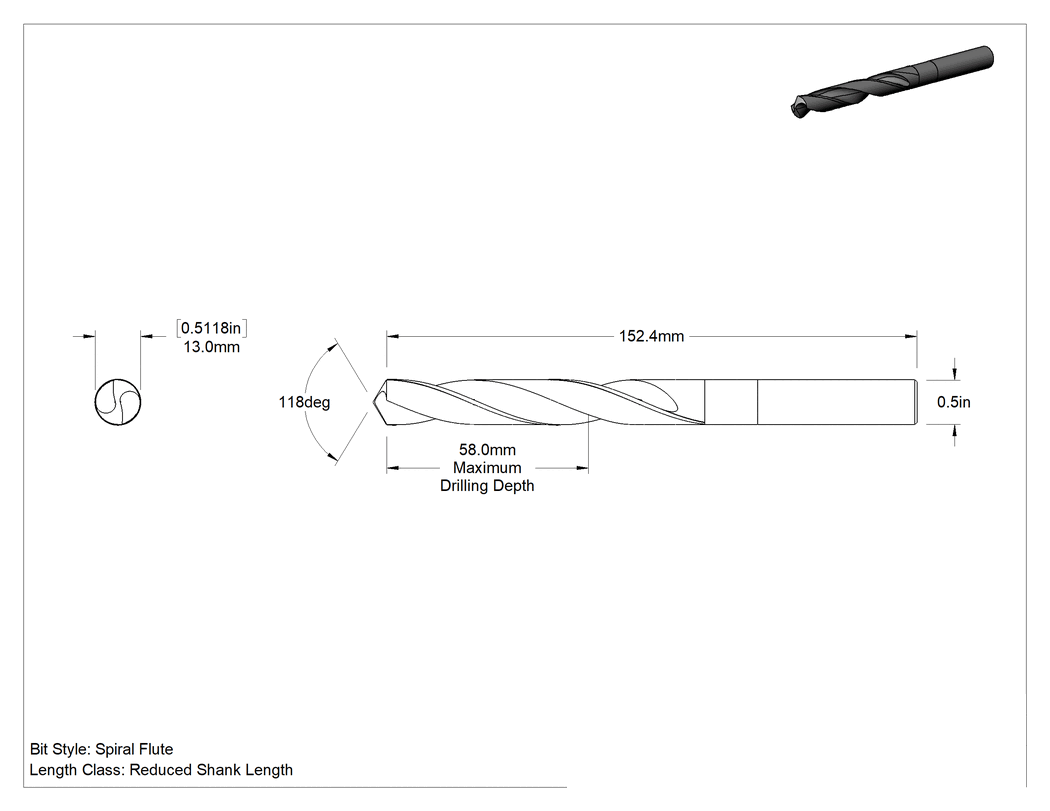 Teknik Çizim - Kobalt Çelik 1/2" Çaplı Daraltılmış Şaftlı Matkap Ucu, 13.0 mm Boyut