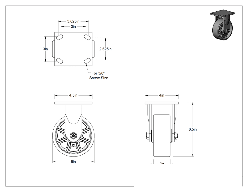 Teknik Çizim - 4-1/2" x 4" Plakalı Yüksek Kapasiteli Spartan Tekerlek, Koruyuculu Rulmanlı 5" Çaplı Metal Tekerlekli Sert