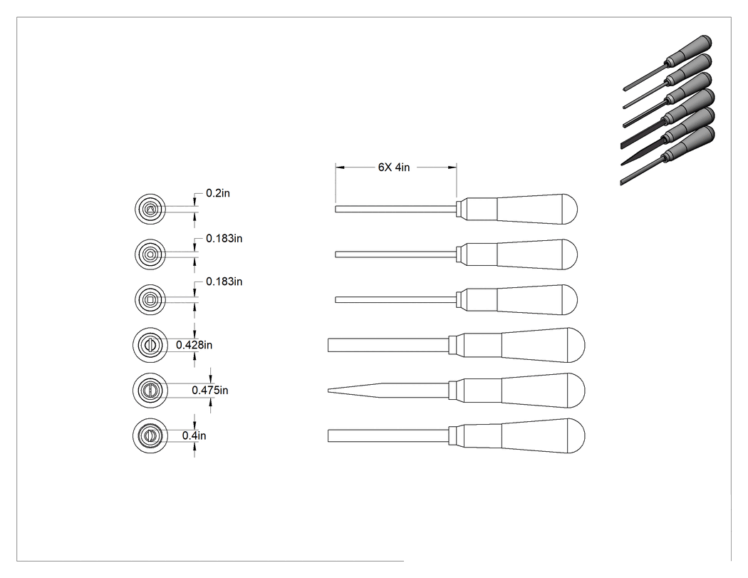 Teknik Çizim - 6 Parça Törpü Seti, Orta Kaplama için, 4" Uzunluk, Ahşap Sap