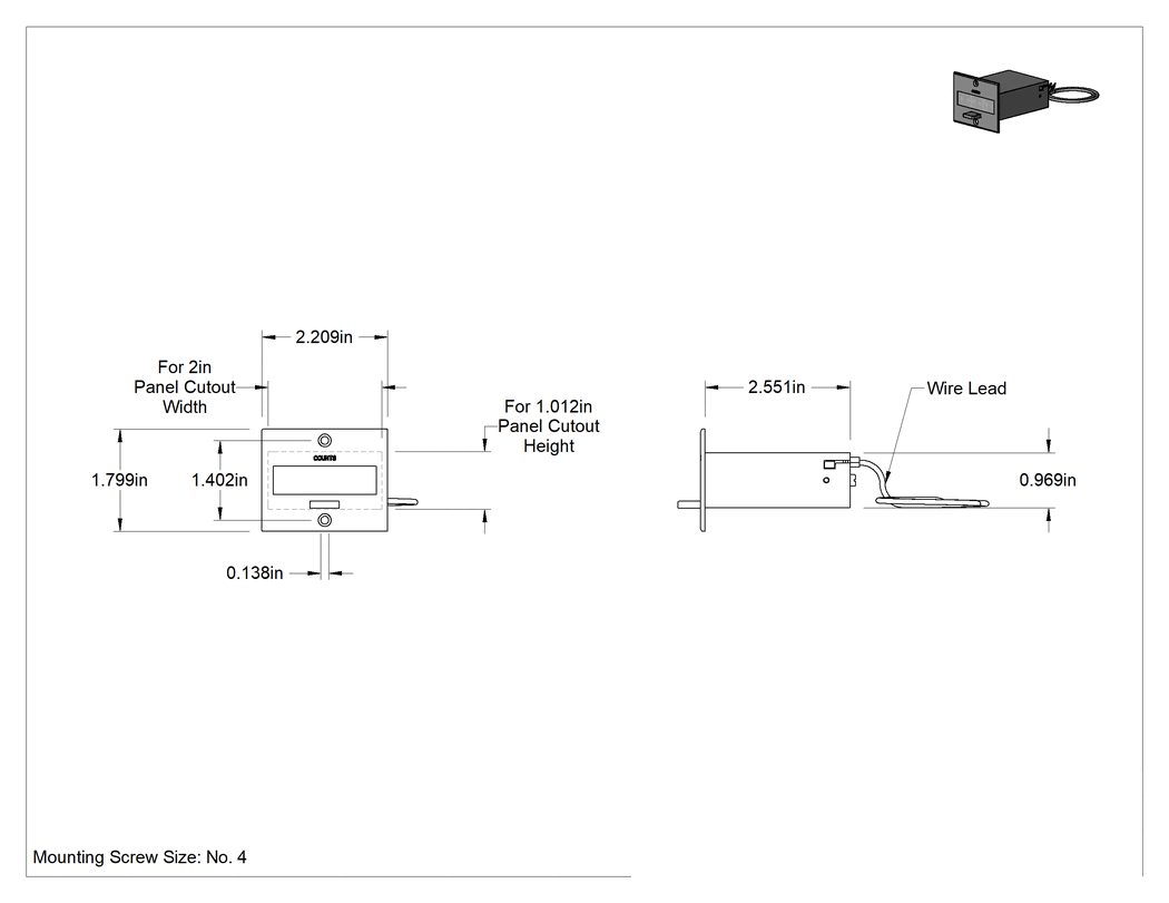 Teknik Çizim - Elektrikle Çalışan Sayaç, Panele Monte, 1.8" x 2.3" x 2.6" Toplam, 12V DC