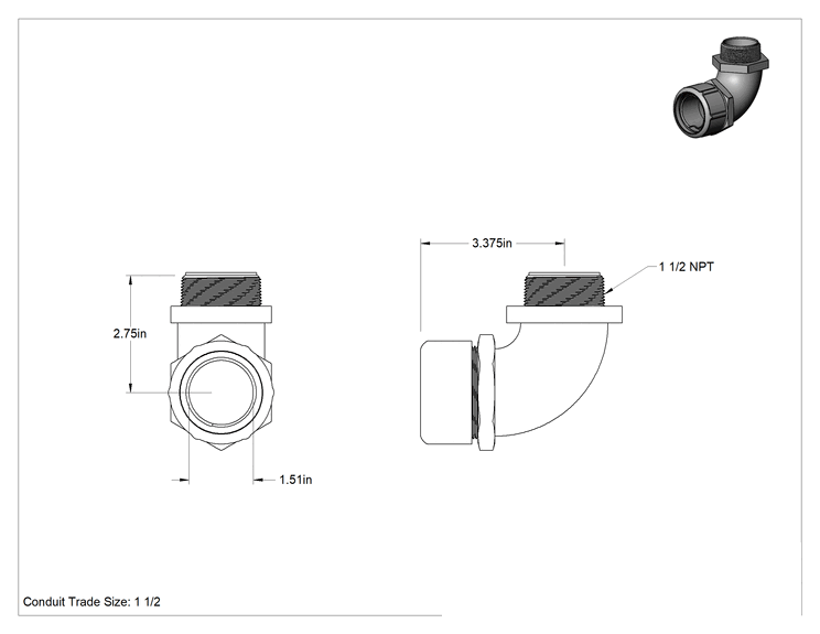 Teknik Çizim - Sıvı Sızdırmaz Esnek Metal Kanal, Paslanmaz Çelik 90 Derece Dirsek, 1-1/2 Anma Ölçüsü Dişi, 1 1/2 NPT Erkek