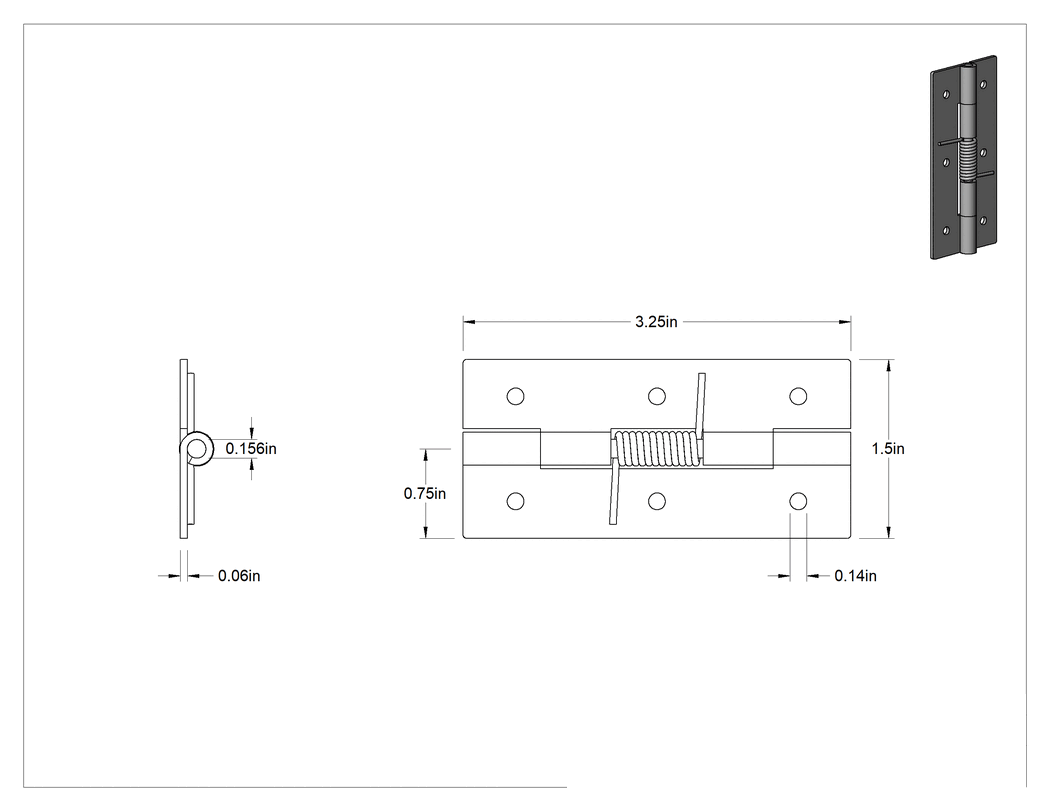 Teknik Çizim - Yaylı Menteşe, Delikli, Kendinden Kapanan, Çelik, 3-1/4" x 3/4" Kapı Kanadı
