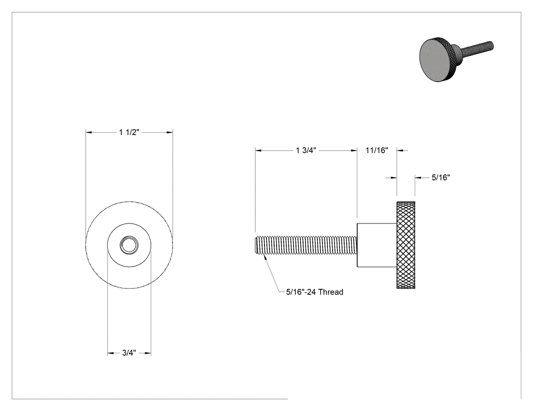 Teknik Çizim - Siyah Oksit Çelik Tırtıllı Tutma Düğmesi, 5/16"-24 Dişli 1-3/4" Uzunlukta Saplamalı, 1-1/2" Çaplı Başlık