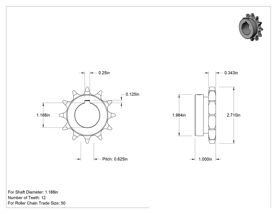 Teknik Çizim - Çelik Tek Sıralı Dişli, ANSI 50 Makaralı Zincir ve 1-3/16" Mil Çapı için, 12 Diş