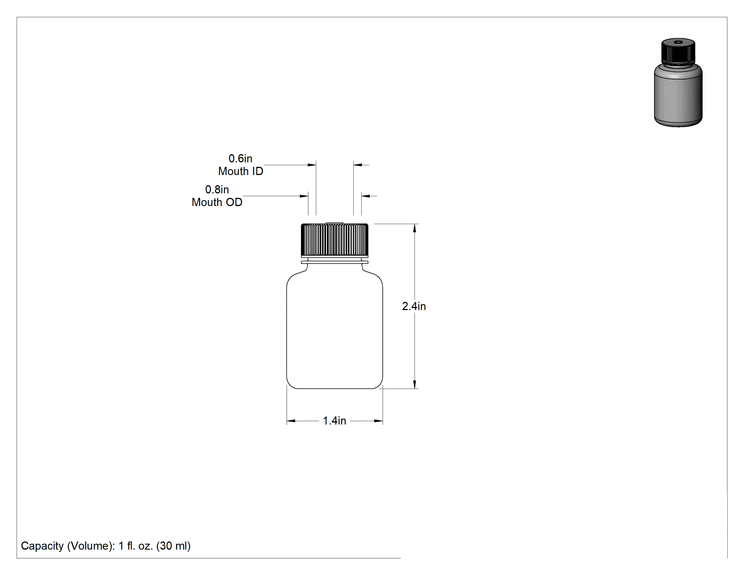 Teknik Çizim - Yarı Şeffaf HDPE Plastik Şişe, 1 FL. oz./30 ml Kapasite, 7/8" Ağız Dış Çapı