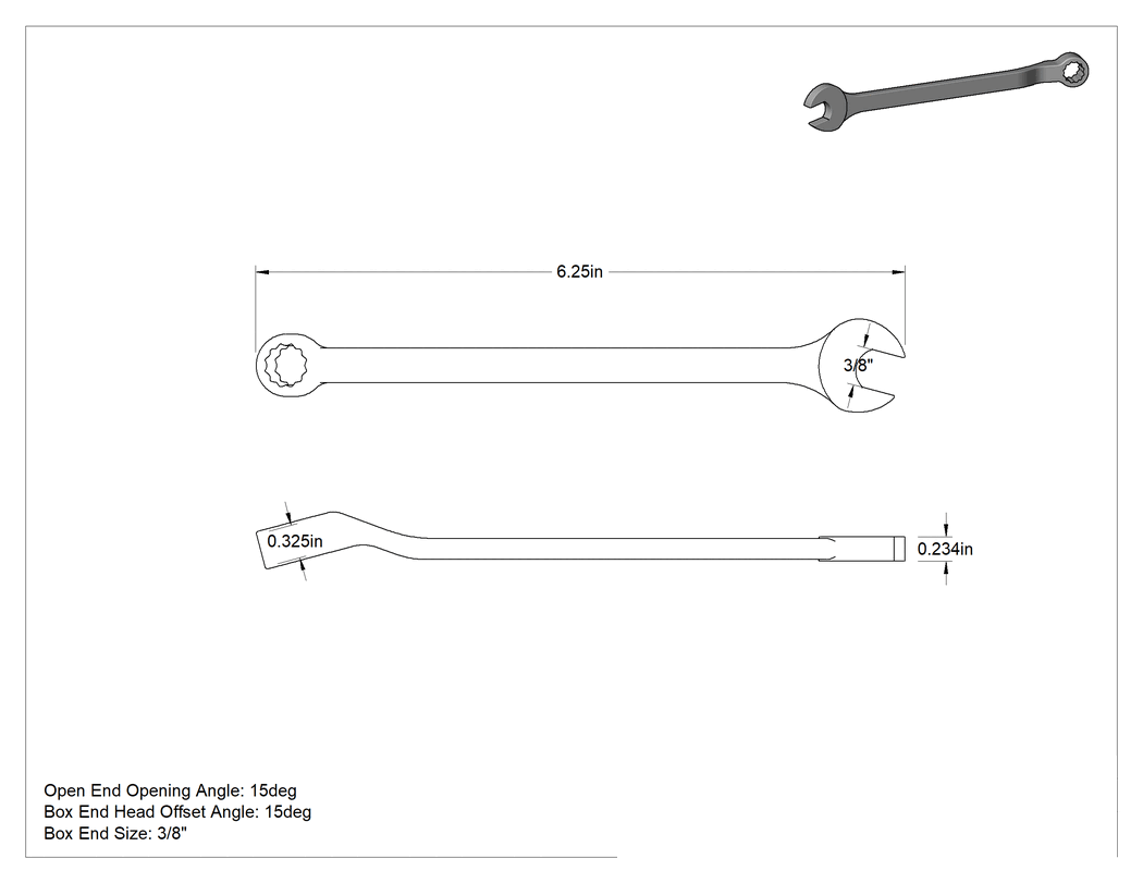 Teknik Çizim - Kıvılcım Çıkarmayan Kombinasyon Anahtarı, 3/8" Boyut, 6-1/4" Toplam Uzunluk